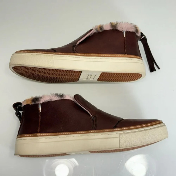 Toms Faux Pink Brown Leo Fur Paxton Brown Leather Slip-Ons Size 7 - Picture 6 of 12